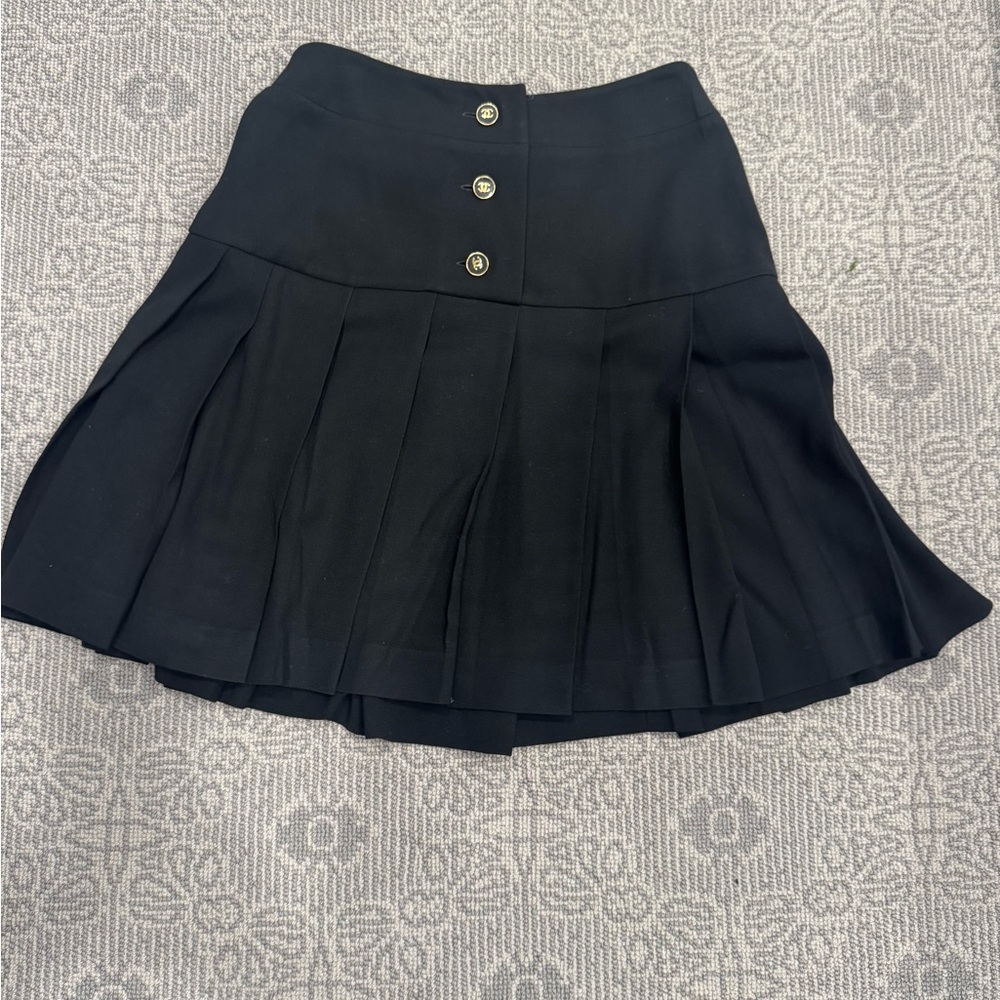 CHANEL Vintage Black Mini Pleated with Chanel Buttons Skirt, Size 40